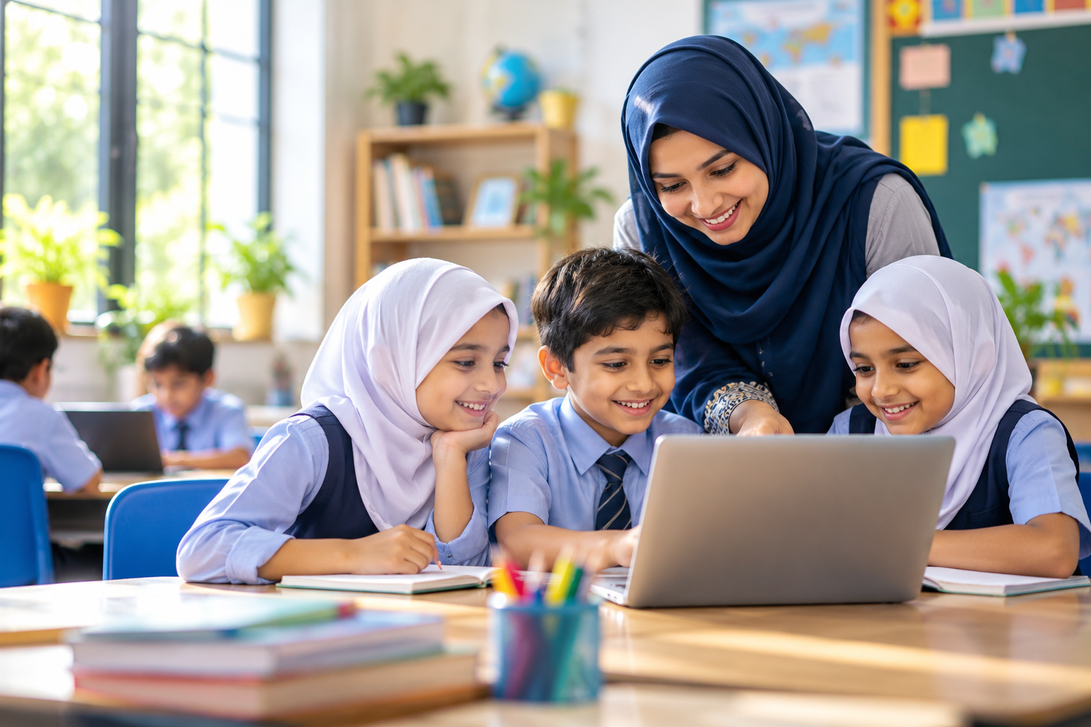A hijab-wearing teacher helping schoolchildren learn together using a laptop